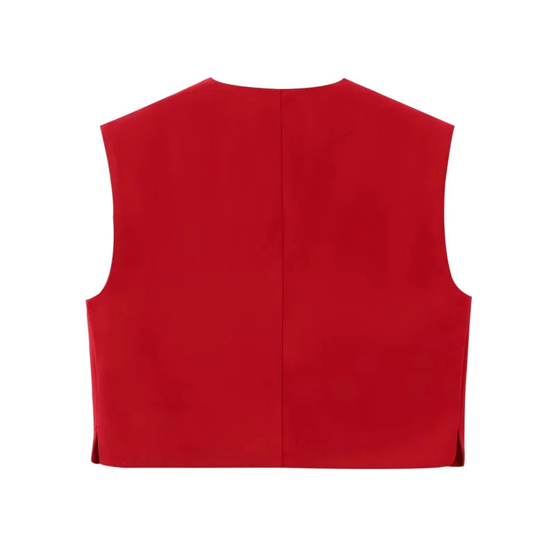 MUJER Red Sleeveless Vest Woman Button Black White Cropped Vest Women Summer Casual Short Coats Waistcoat Women's Fashion Vests