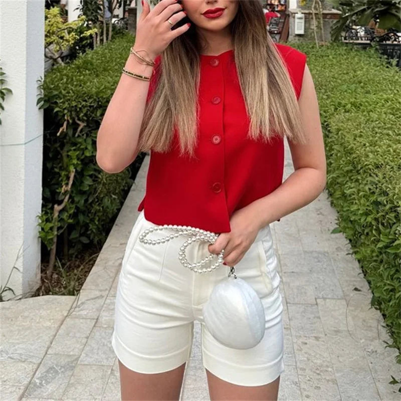 MUJER Red Sleeveless Vest Woman Button Black White Cropped Vest Women Summer Casual Short Coats Waistcoat Women's Fashion Vests