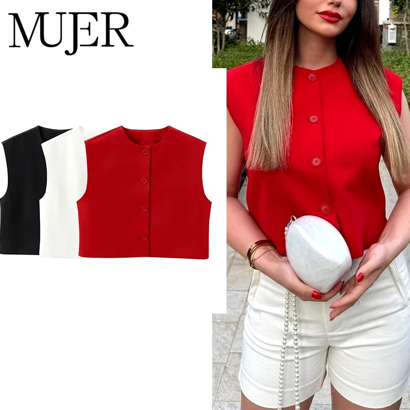 MUJER Red Sleeveless Vest Woman Button Black White Cropped Vest Women Summer Casual Short Coats Waistcoat Women's Fashion Vests